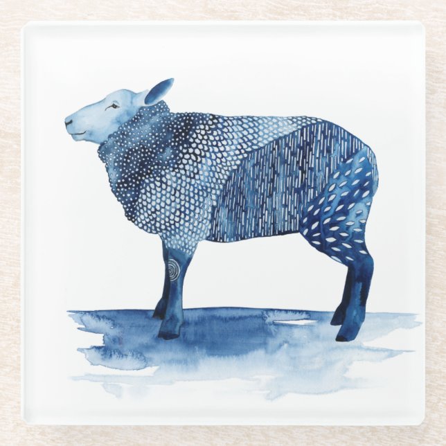 Cobalt Blue Farm Animals - Sheep Glass Coaster (Front)