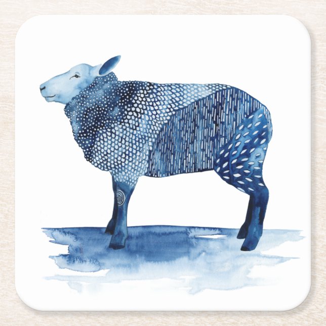 Cobalt Blue Farm Animals - Sheep Square Paper Coaster (Front)