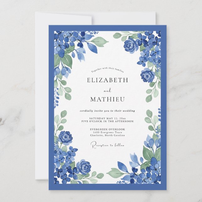 Cobalt Blue Floral Wedding Invitation (Front)