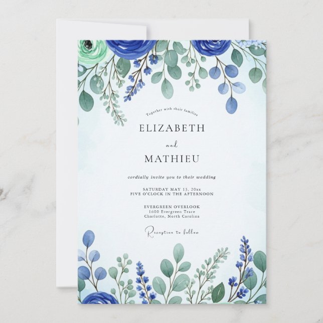 Cobalt Blue Fresh Spring Wedding Invitation (Front)