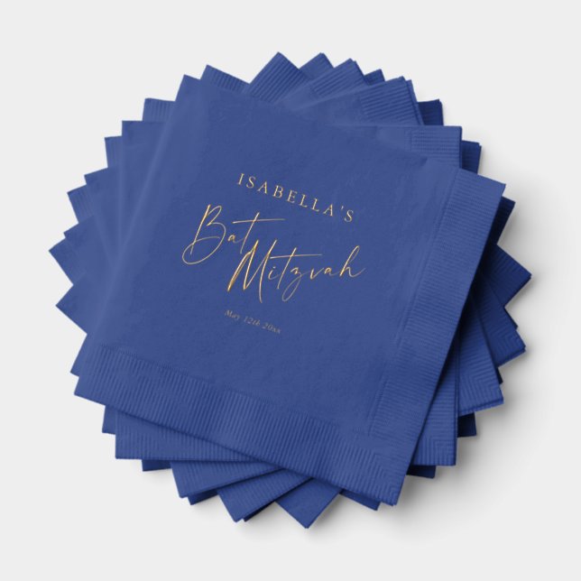 Cobalt Blue Gold Script Bat Mitzvah Personalised Foil Napkins (Insitu (Stacked))