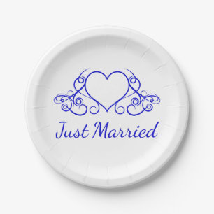 Cobalt Blue Heart Just Married - Wedding Party Paper Plate