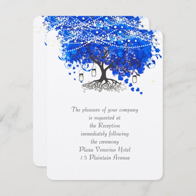 Cobalt Blue Heart Leaf Tree Wedding Invitation (Front/Back)