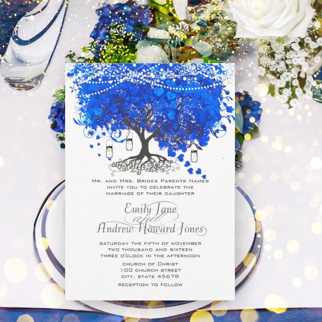 Cobalt Blue Heart Leaf Tree Wedding Invitation (Creator Uploaded)
