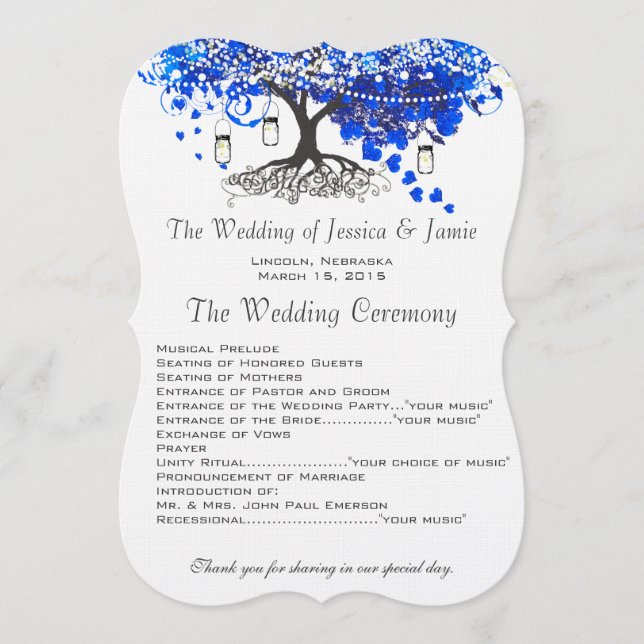 Cobalt Blue Heart Leaf Tree Wedding Programs Programme (Front)