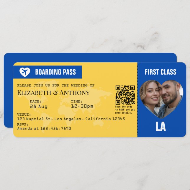 Cobalt Blue & Lemon Yellow Boarding Pass Wedding Invitation (Front/Back)
