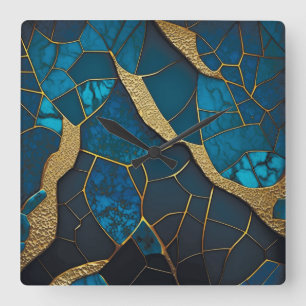 Cobalt Blue Marble Mosaic Gold Inlay Veins Square Wall Clock