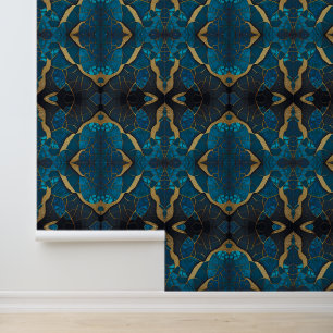 Cobalt Blue Marble Mosaic Gold Inlay Veins Wallpaper