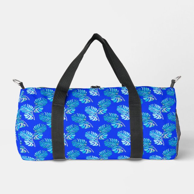 Cobalt Blue Monstera Breeze Duffle Bag (Front)