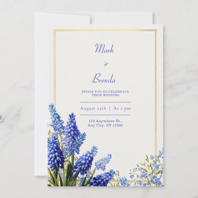 Cobalt Blue Muscari Botanical Gold Frame Wedding Invitation (Front)