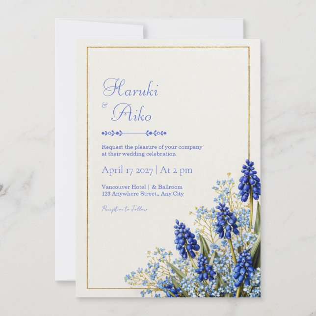 Cobalt Blue Muscari Botanical Gold Frame Wedding Invitation (Front)