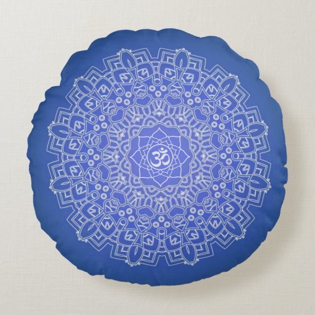 Cobalt Blue Om Mandala Meditation Round Pillow (Front)