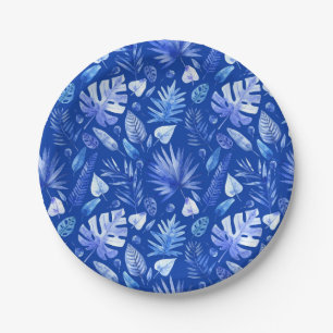 Cobalt Blue on Blue Tropical Leaves Pattern 7" Paper Plate