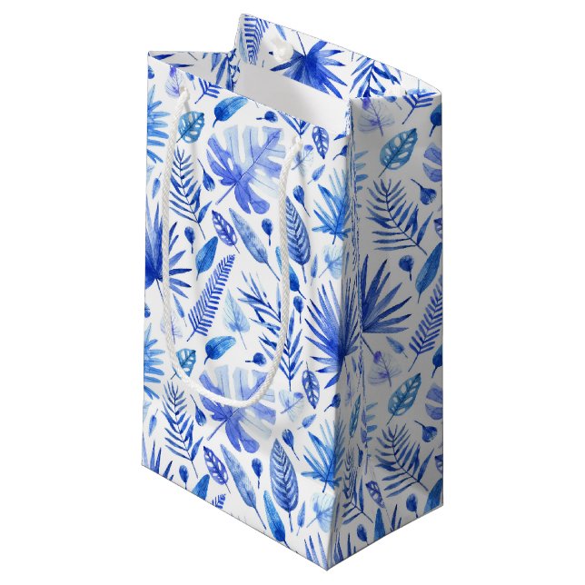 Cobalt Blue on White Tropical Leaves Pattern Small Gift Bag (Front Angled)