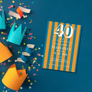 Cobalt Blue & Orange Stripes Modern 40th Birthday Invitation