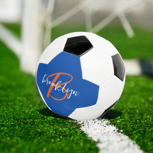 Cobalt Blue Orange White Script Monogram Name Soccer Ball (Creator Uploaded)