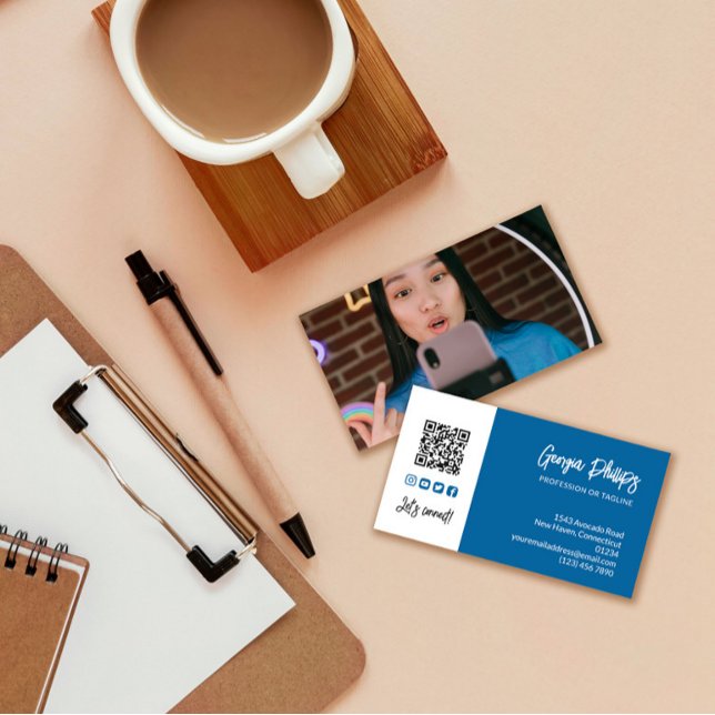 Cobalt Blue QR Code Photo Social Media Icons Business Card (Creator Uploaded)