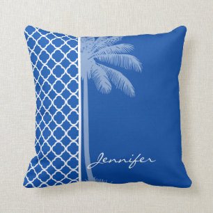 Cobalt Blue Quatrefoil; Palm Cushion
