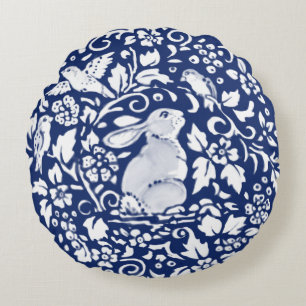 Cobalt Blue Rabbit Bird Floral Chinoiserie Dedham  Round Cushion