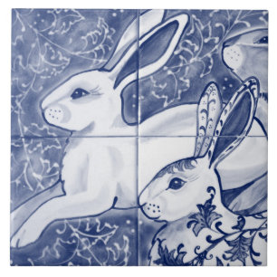 Cobalt Blue Rabbit Chinoiserie Dedham Delft Navy Tile