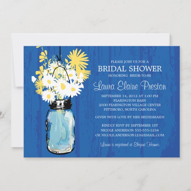 Cobalt Blue Rustic Mason Jar and Yellow Daisies Invitation (Front)