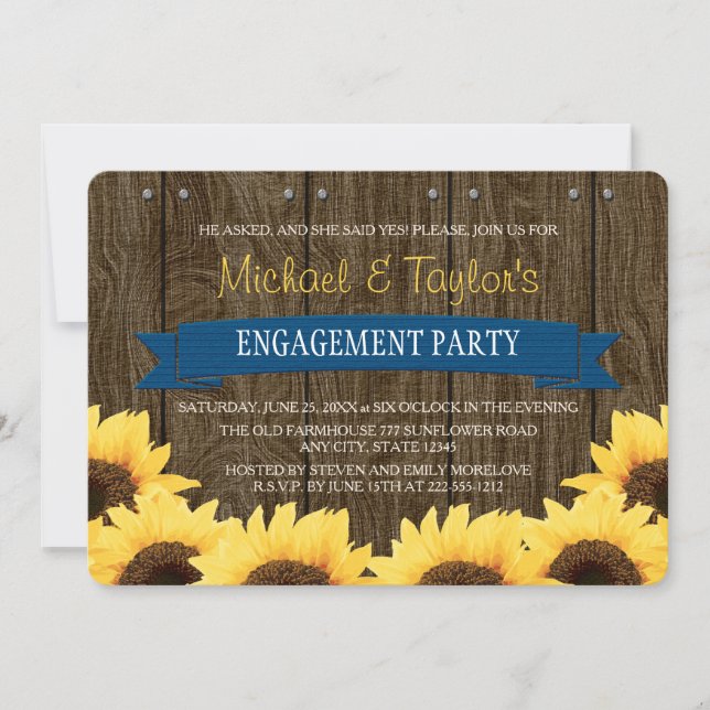 COBALT BLUE RUSTIC SUNFLOWER ENGAGEMENT PARTY INVITATION (Front)