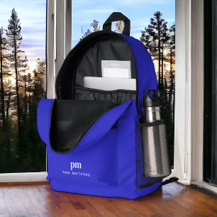 Cobalt Blue Simple Minimal Monogram and Name Printed Backpack
