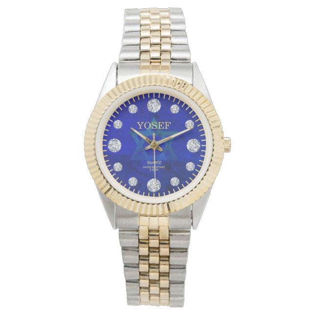 Cobalt Blue Star of David Diamond Dial Custom Name Watch (Front)