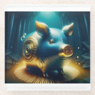 Cobalt Blue Steampunk Pig Glass Coaster