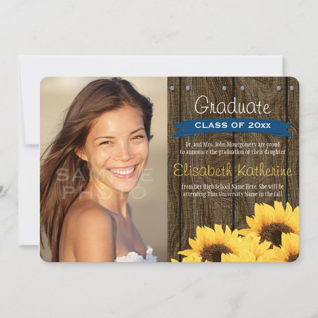 Cobalt Blue Sunflower Graduation Announcement (Front)