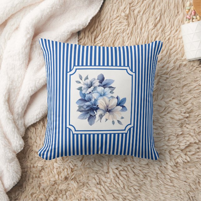 Cobalt Blue Ticking Stripe Floral Cushion (Blanket)