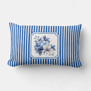 Cobalt Blue Ticking Stripe Floral Lumbar Cushion