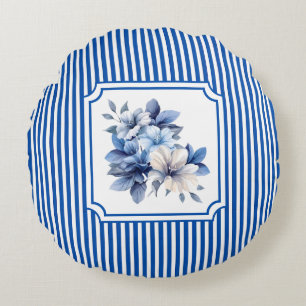 Cobalt Blue Ticking Stripe Floral Round Cushion