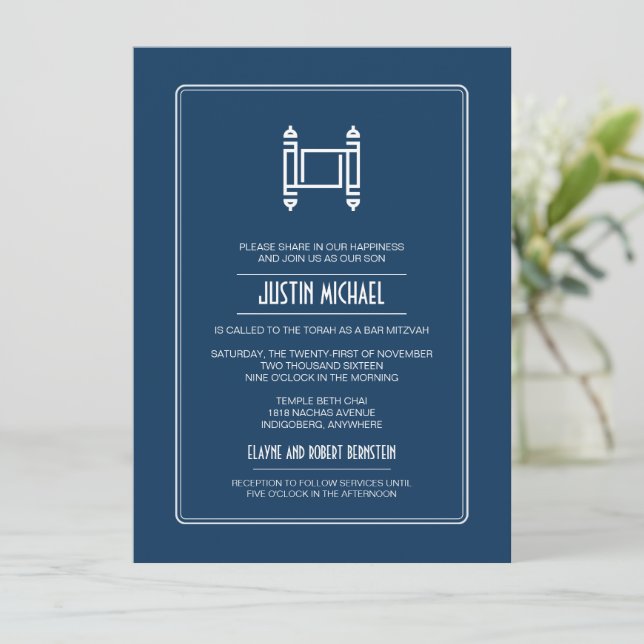 Cobalt Blue Torah Bar Mitzvah Invitation (Standing Front)
