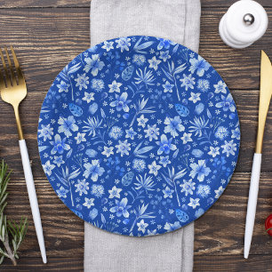 Cobalt Blue Tropical Flowers and Leaves Pattern 7" Paper Plate