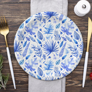 Cobalt Blue Tropical Leaves Pattern 7" Paper Plate