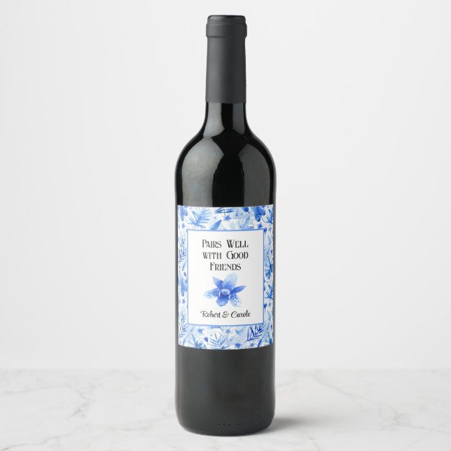Cobalt Blue Tropical Pattern, Orchid Flower Wine Label (Front)