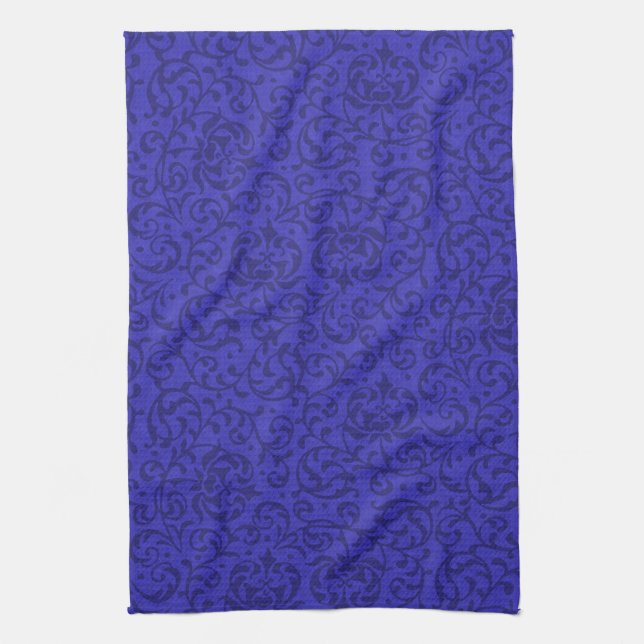 Cobalt Blue Tudor Garden Floral Damask Tea Towel (Vertical)