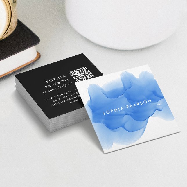 Cobalt Blue Watercolor Blot QR Code Square Business Card (Creator Uploaded)
