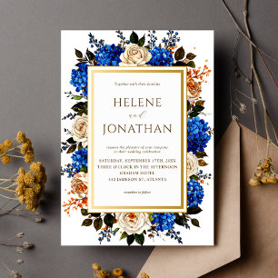 Cobalt Blue Watercolor Floral Elegant Wedding Invitation