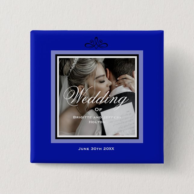 Cobalt blue wedding couple customizable 15 cm square badge (Front)