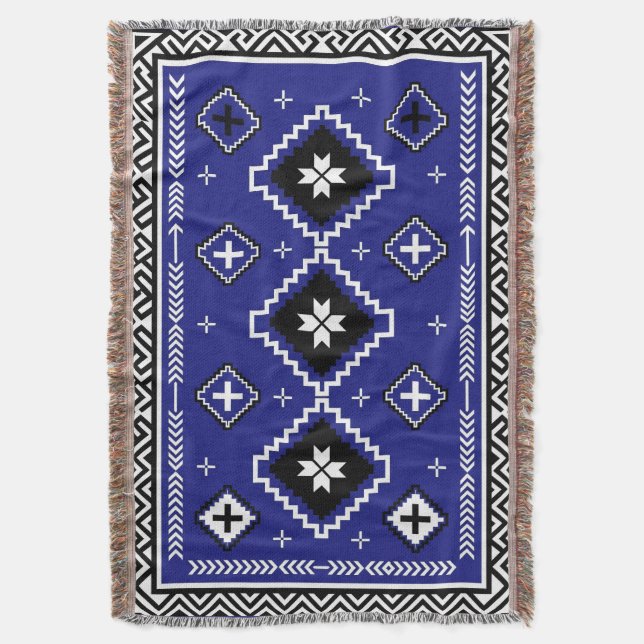 Cobalt Blue Western Geometric Folk Art Pattern Throw Blanket (Front Vertical)