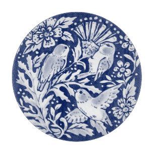 Cobalt Blue White Bird Thistle Rustic Chinoiserie Cutting Board