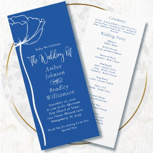 Cobalt Blue White Floral Script Simple Wedding Programme