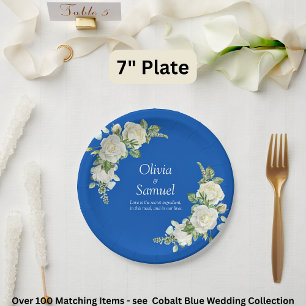 Cobalt Blue & White Roses  7" Paper Plate