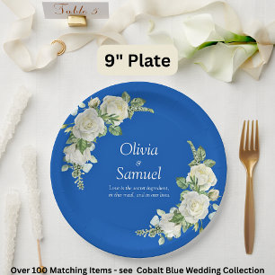 Cobalt Blue & White Roses  9" Paper Plate
