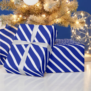 Cobalt blue white Stripes oblique pattern Wrapping Paper