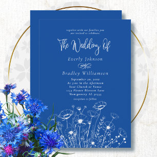 Cobalt Blue White Wildflower Trendy Wedding Invitation