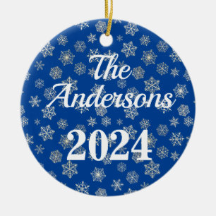 Cobalt Blue with Snowy Background Personalised Ceramic Tree Decoration