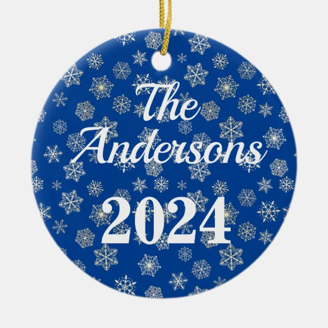 Cobalt Blue with Snowy Background Personalised  Ceramic Tree Decoration (Front)
